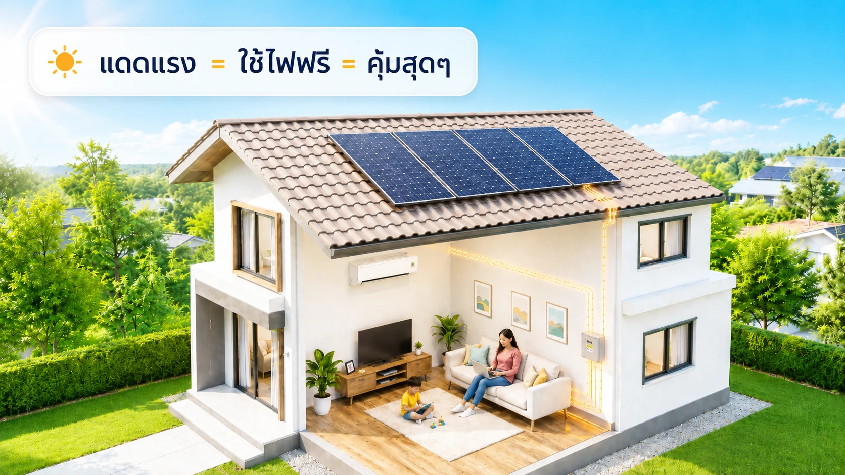 ภาพตัดขวางบ้านที่ติดตั้งโซลาร์เซลล์ แดดแรงเท่ากับใช้ไฟฟรี